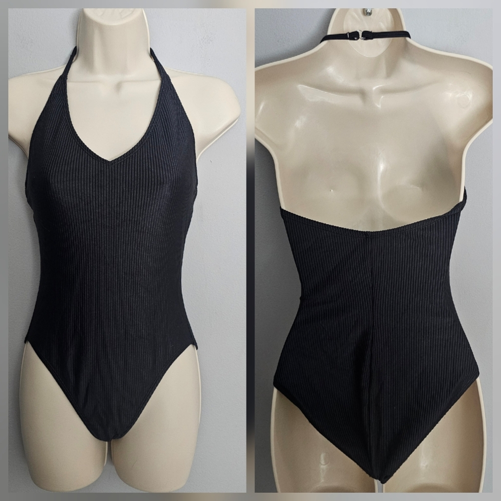 Vintage Catalina Ribbed 1 Piece Swimsuit Women's Size M Black Halter Modest